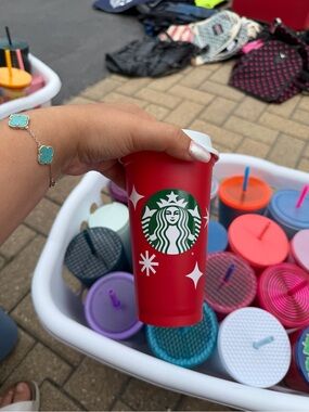 Starbucks Red Cup with Green Siren and White Star Accents (2 plastic hot cups)